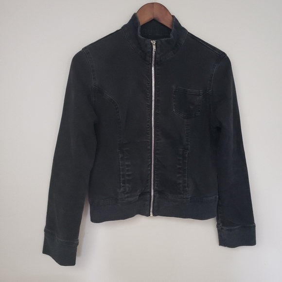 Black Cropped Denim Jacket Banded Distressed Size Medium - Picture 11 of 11